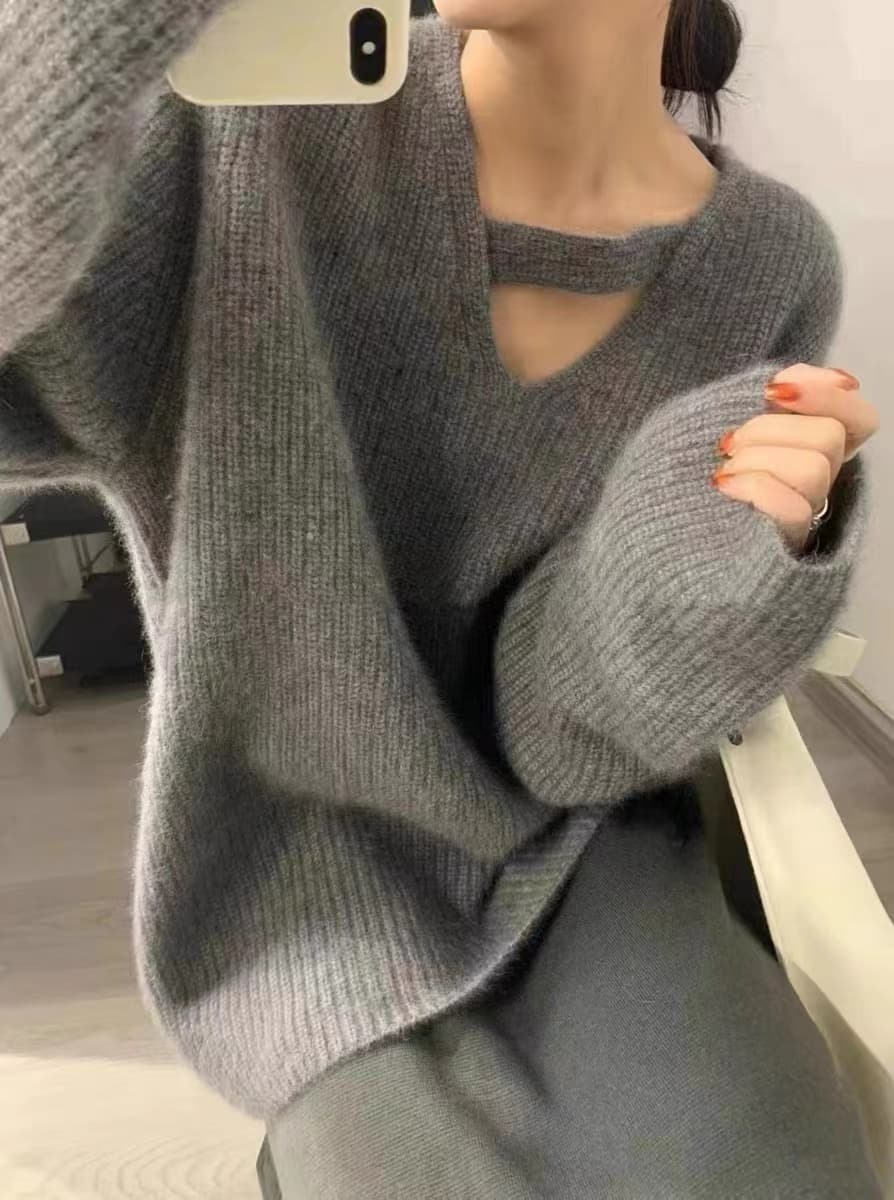 회색 V넥 홀로우 아웃 풀오버 니트 스웨터 여자 가을 겨울 겨울 두꺼운 디자인 센스 작은 대중 고급 센스 느긋한 바람 상세 이미지 3