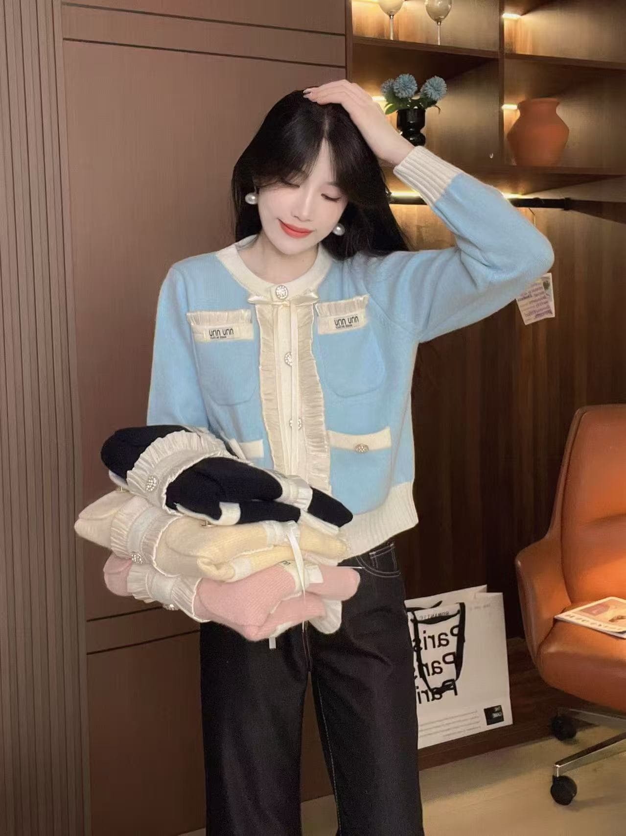 인기 오픈 가디건 스웨터 여성 짧은 한국 스타일 작은 샤넬 스타일 프랑스식 작은 청신 연령 감소 캐주얼 다용도 스웨터 코트 상세 이미지 3