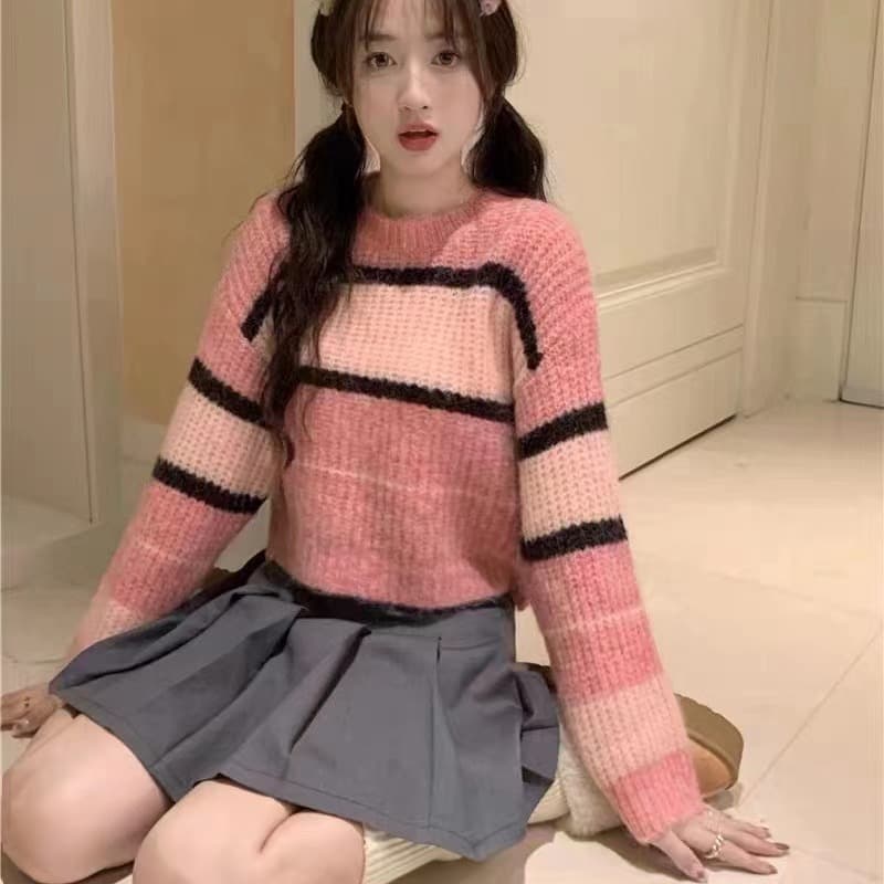 한국 스타일 캐주얼 루즈핏 배색 스트라이프 쇼트 스타일 양모 니트 스웨터 연령 감소 풀오버 스웨터 여자 이미지 5