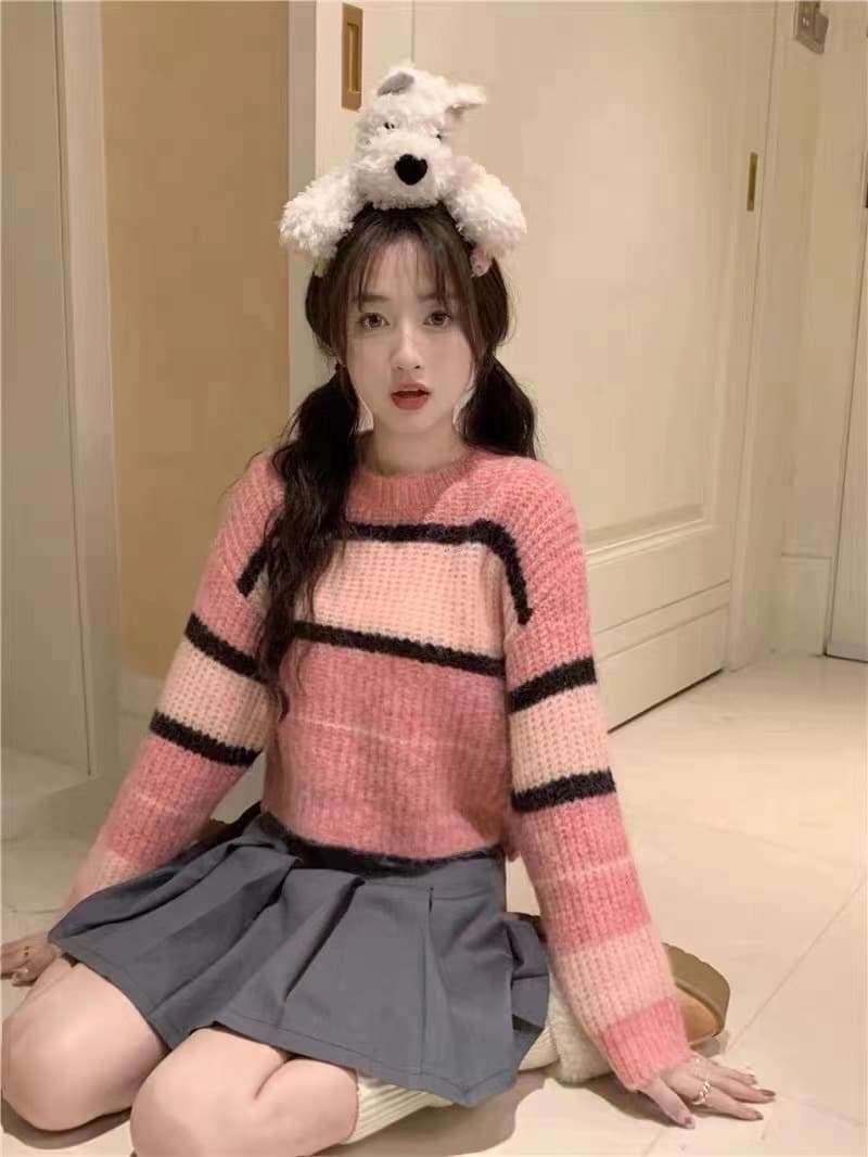 한국 스타일 캐주얼 루즈핏 배색 스트라이프 쇼트 스타일 양모 니트 스웨터 연령 감소 풀오버 스웨터 여자 상세 이미지 6