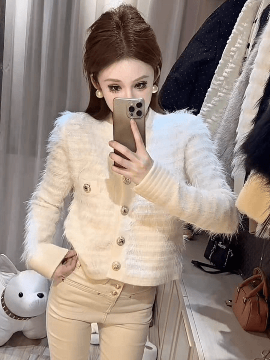 빛 럭셔리 명문 여성 작은 샤넬 스타일 모피 술 니트 스웨터 루즈핏 슬림해 보이는 스트레이트 싱글 줄 버튼 오픈 가디건 스웨터 여성 코트 상세 이미지 2