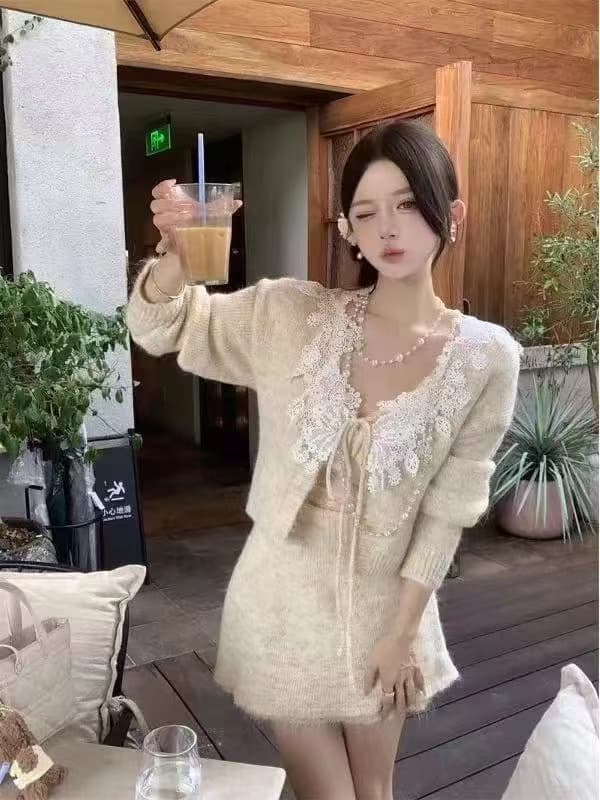 부드러운 바람 품격 레이스 레이스업 부드러운 찹쌀 니트 스웨터 맨위 미니 스커트 여성 2026 가을 겨울 새로운 달콤함 세트 상세 이미지 12