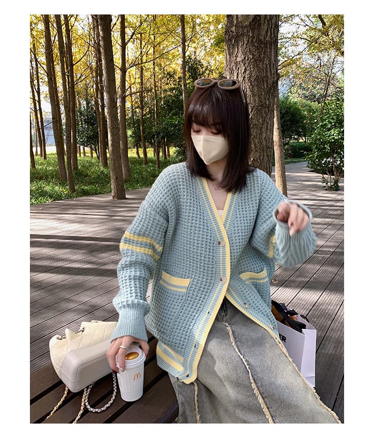 한 부서 봄 가을 새로운 작은 6 월 6 월 브리트니 찹쌀 叽 叽 후아 남편 그리드 니트 오픈 가디건 여성 이미지 2