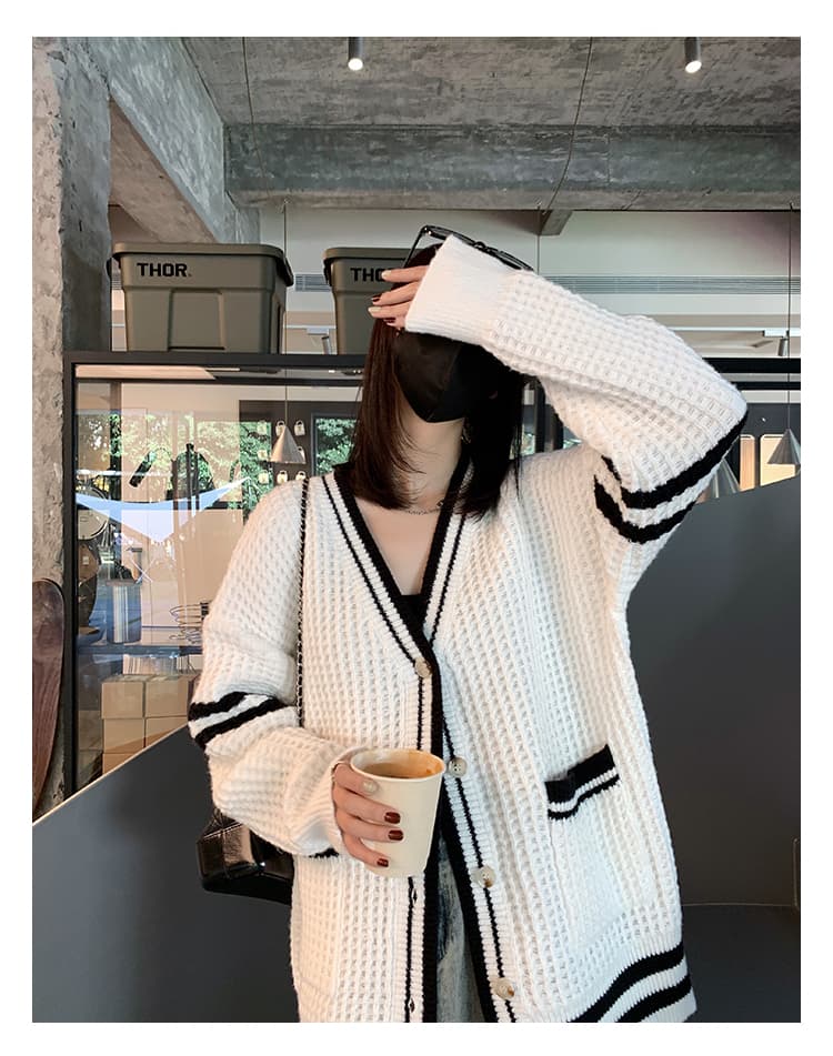 한 부서 봄 가을 새로운 작은 6 월 6 월 브리트니 찹쌀 叽 叽 후아 남편 그리드 니트 오픈 가디건 여성 상세 이미지 4