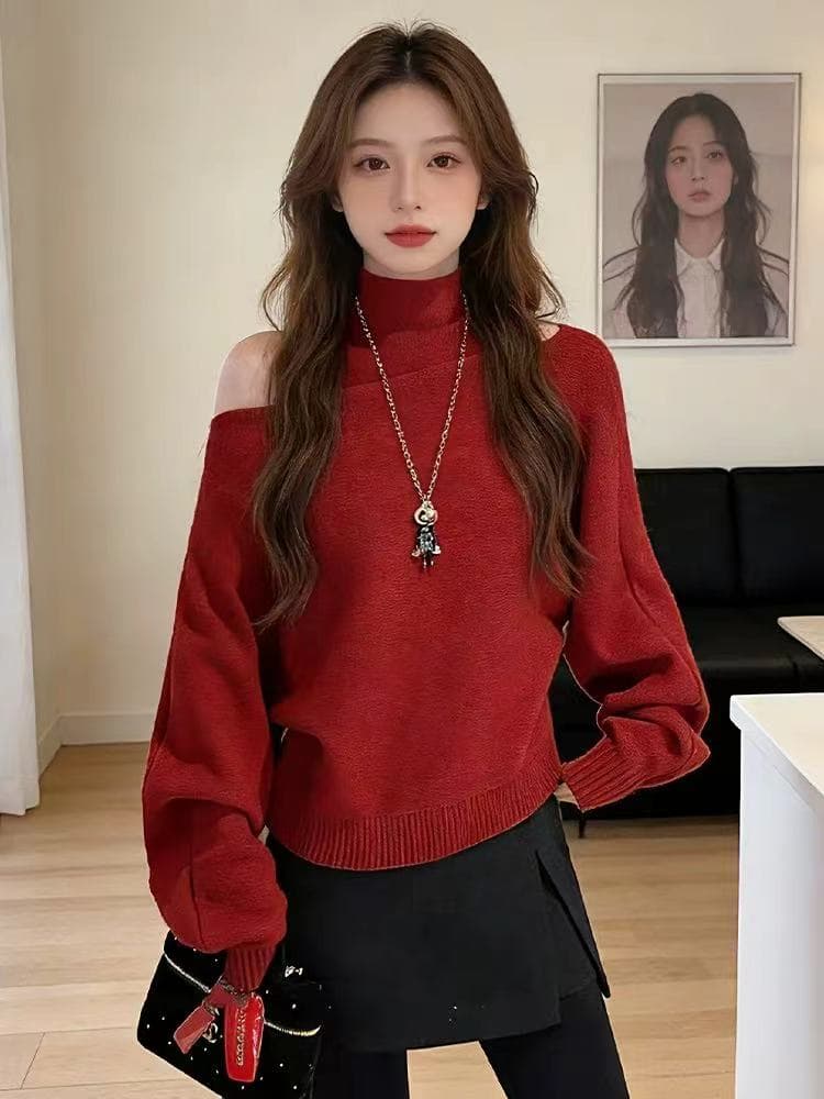 그는 벤 한 부서 터틀넥 분위기 센스 반하이넥 투피스 세트 스웨터 행침 목 새는 어깨 니트 스웨터 상세 이미지 5