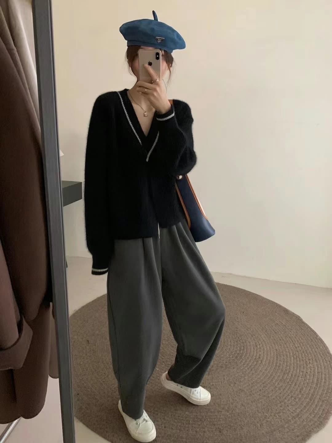 한국 동대문 가을 겨울 새로운 외국 가스 슬림해 보이는 디자인 센스 패치워크 V넥 너구리 털 니트 오픈 가디건 상세 이미지 9