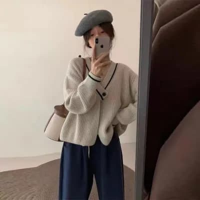 레트로 V넥 스웨터 여성 코트 2026 가을 겨울 새로운 루즈핏 느긋한 부드러운 Chic 니트 오픈 가디건 이미지 2