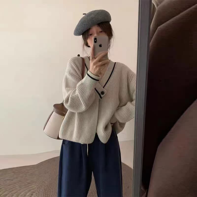 레트로 V넥 스웨터 여성 코트 2026 가을 겨울 새로운 루즈핏 느긋한 부드러운 Chic 니트 오픈 가디건 상세 이미지 9