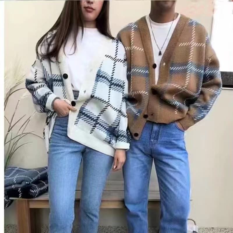 한국 동대문 가을 겨울철 새로운 털 니트 오픈 가디건 루즈핏 체크무늬 느긋한 바람을 피우다 롱 코트 chic 여성 코트 이미지 2