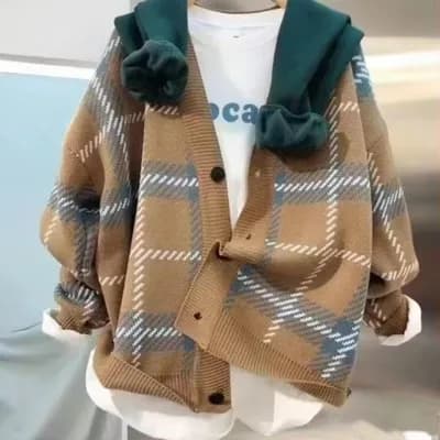 한국 동대문 가을 겨울철 새로운 털 니트 오픈 가디건 루즈핏 체크무늬 느긋한 바람을 피우다 롱 코트 chic 여성 코트 상세 이미지 1
