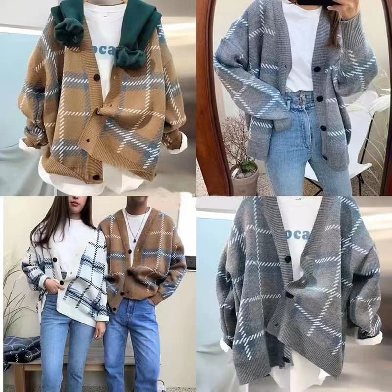 한국 동대문 가을 겨울철 새로운 털 니트 오픈 가디건 루즈핏 체크무늬 느긋한 바람을 피우다 롱 코트 chic 여성 코트 상세 이미지 3