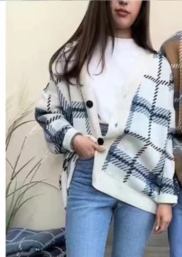 한국 동대문 가을 겨울철 새로운 털 니트 오픈 가디건 루즈핏 체크무늬 느긋한 바람을 피우다 롱 코트 chic 여성 코트 상세 이미지 7
