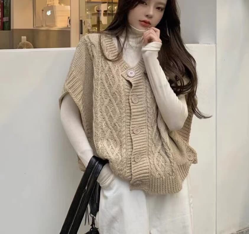 한 부서 가을 단색 양모 라운드 넥 출퇴근 외출용 단추 두꺼운 바늘 실키 같은 편안함 민소매 한 바람 조끼 여자 이미지 4