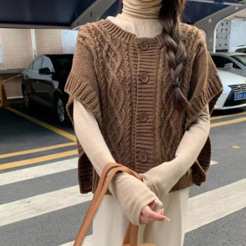 한 부서 가을 단색 양모 라운드 넥 출퇴근 외출용 단추 두꺼운 바늘 실키 같은 편안함 민소매 한 바람 조끼 여자 이미지 5
