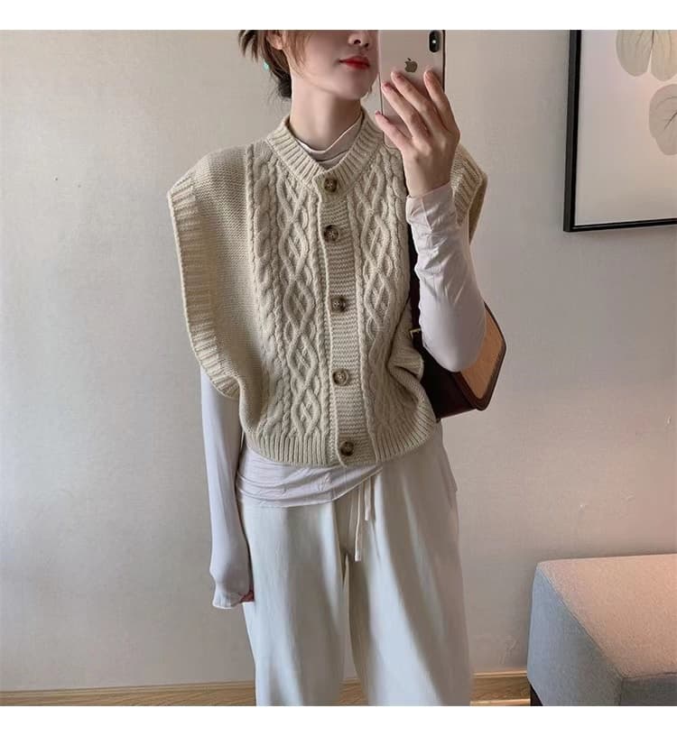 한 부서 가을 단색 양모 라운드 넥 출퇴근 외출용 단추 두꺼운 바늘 실키 같은 편안함 민소매 한 바람 조끼 여자 상세 이미지 2