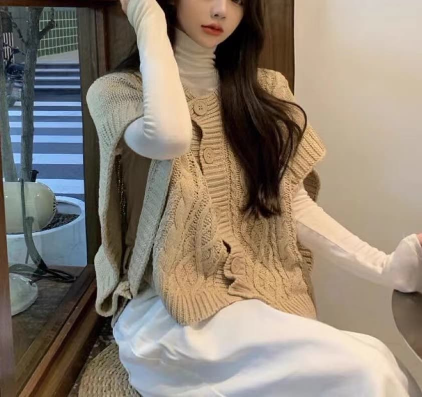 한 부서 가을 단색 양모 라운드 넥 출퇴근 외출용 단추 두꺼운 바늘 실키 같은 편안함 민소매 한 바람 조끼 여자 상세 이미지 3