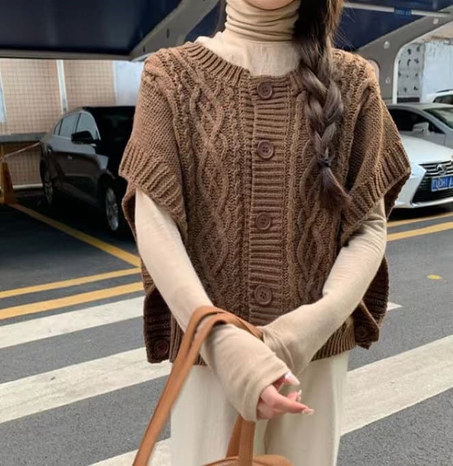 한 부서 가을 단색 양모 라운드 넥 출퇴근 외출용 단추 두꺼운 바늘 실키 같은 편안함 민소매 한 바람 조끼 여자 상세 이미지 9