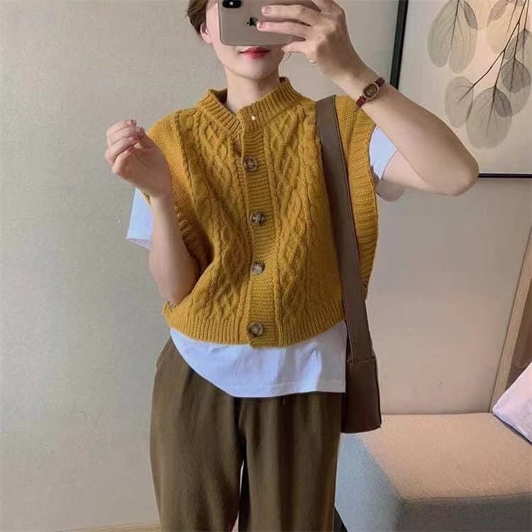 한 부서 가을 단색 양모 라운드 넥 출퇴근 외출용 단추 두꺼운 바늘 실키 같은 편안함 민소매 한 바람 조끼 여자 상세 이미지 11