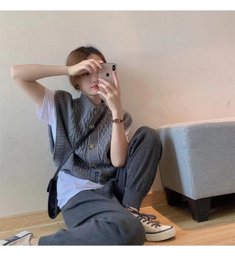 한 부서 가을 단색 양모 라운드 넥 출퇴근 외출용 단추 두꺼운 바늘 실키 같은 편안함 민소매 한 바람 조끼 여자 상세 이미지 15