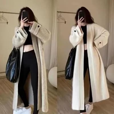 유럽 역 가을 의상 숲속 소녀 한국 스타일 chic 루즈핏 세련된 무릎 아래 무거운 니트 오픈 가디건 모헤어 스웨터 코트 상세 이미지 2