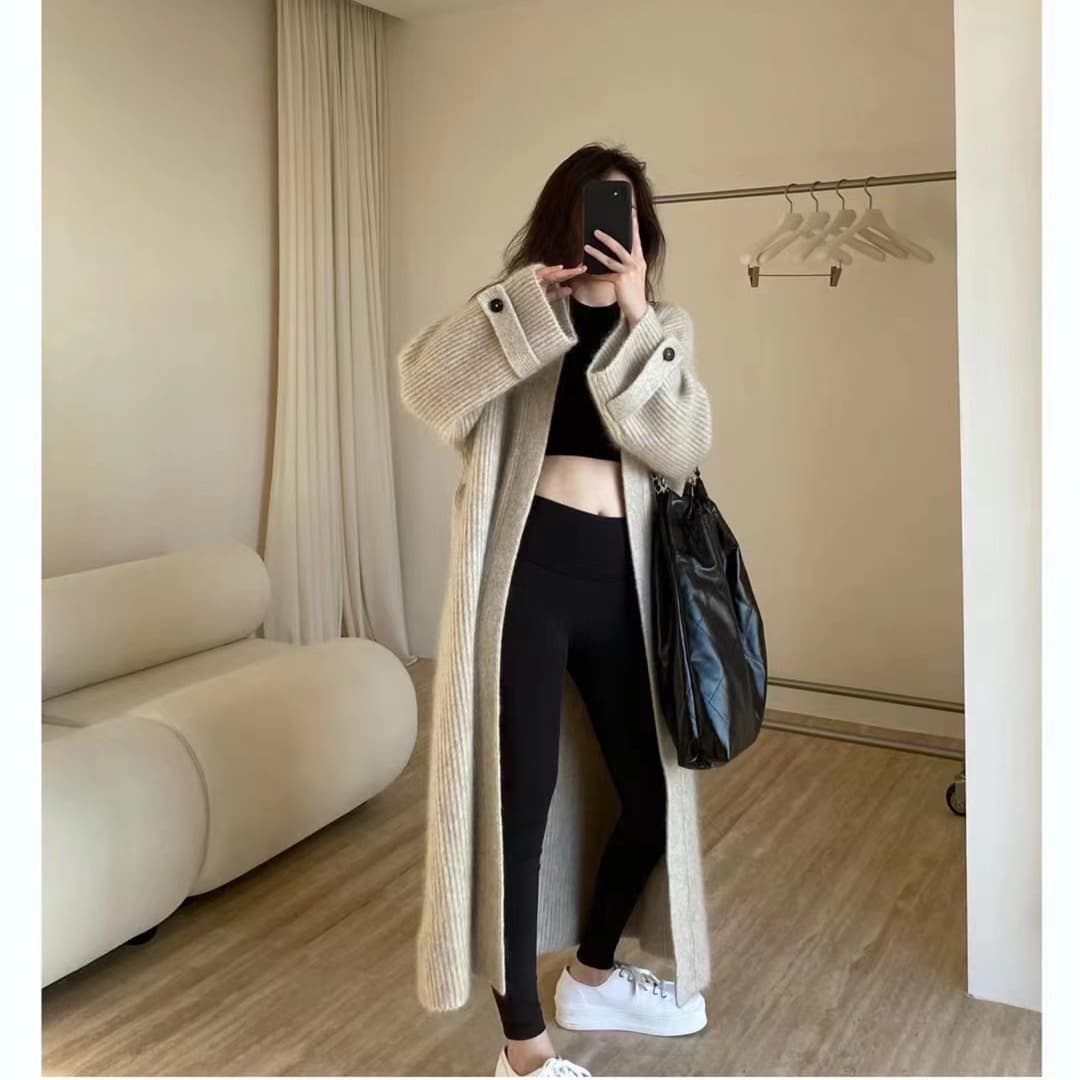 유럽 역 가을 의상 숲속 소녀 한국 스타일 chic 루즈핏 세련된 무릎 아래 무거운 니트 오픈 가디건 모헤어 스웨터 코트 상세 이미지 4