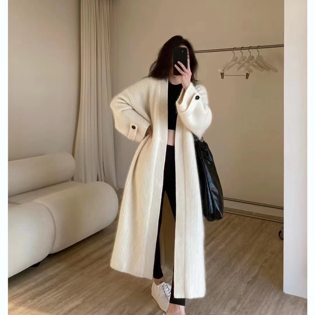 유럽 역 가을 의상 숲속 소녀 한국 스타일 chic 루즈핏 세련된 무릎 아래 무거운 니트 오픈 가디건 모헤어 스웨터 코트 상세 이미지 5