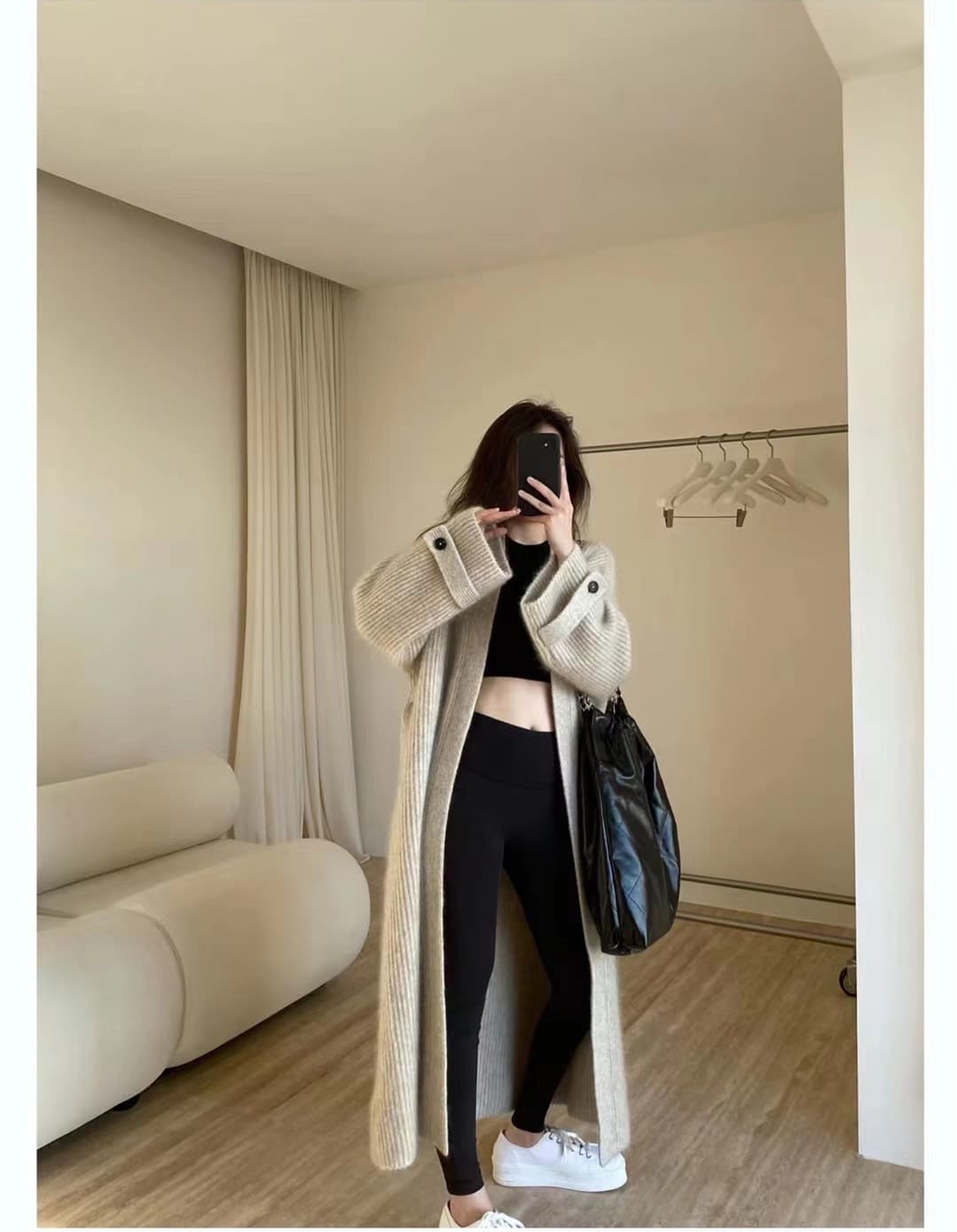 유럽 역 가을 의상 숲속 소녀 한국 스타일 chic 루즈핏 세련된 무릎 아래 무거운 니트 오픈 가디건 모헤어 스웨터 코트 상세 이미지 8