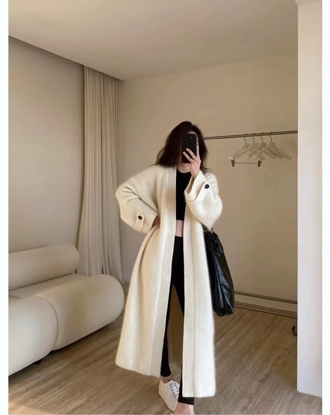 유럽 역 가을 의상 숲속 소녀 한국 스타일 chic 루즈핏 세련된 무릎 아래 무거운 니트 오픈 가디건 모헤어 스웨터 코트 상세 이미지 12