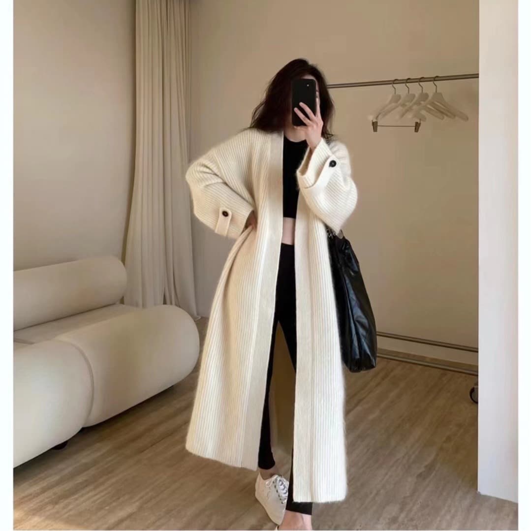 유럽 역 가을 의상 숲속 소녀 한국 스타일 chic 루즈핏 세련된 무릎 아래 무거운 니트 오픈 가디건 모헤어 스웨터 코트 이미지 5