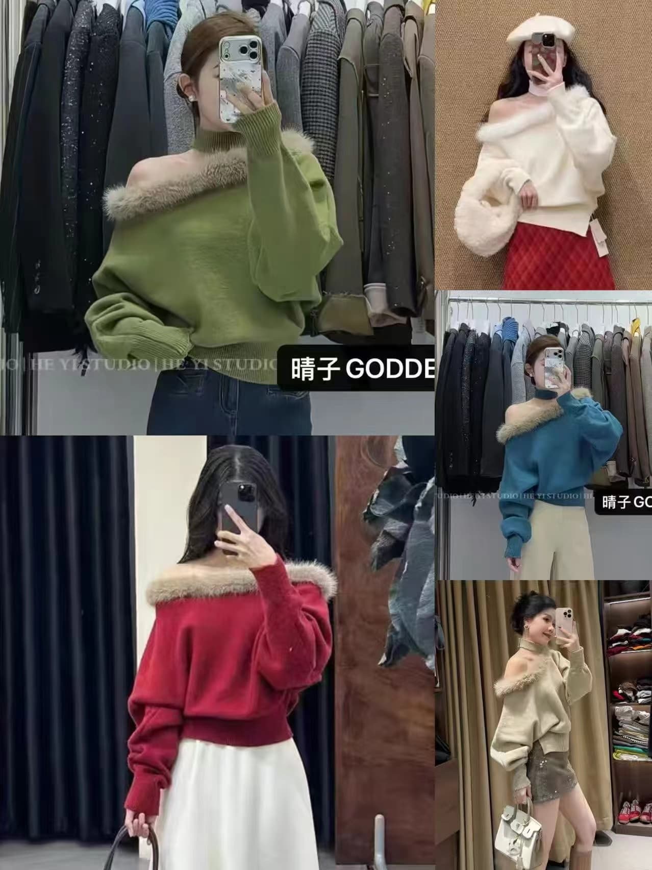 디자인 센스 모피 칼라 오프숄더 니트 스웨터 여성 가을 느긋한 바람 배트윙 소매 허리 수축 보온 스웨터 상세 이미지 2