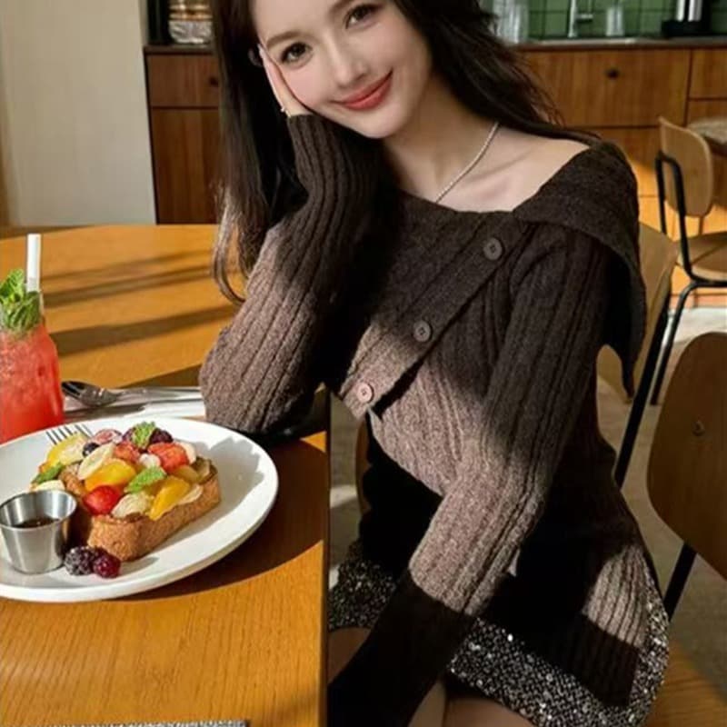 한국 chic 가을 겨울 작은 대중 디자인 센스 폴로 칼라 버튼 긴팔 니트 스웨터 두꺼운 스웨터 이미지 5