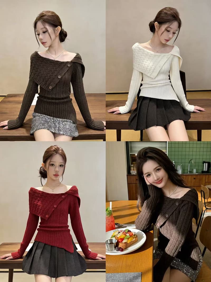 한국 chic 가을 겨울 작은 대중 디자인 센스 폴로 칼라 버튼 긴팔 니트 스웨터 두꺼운 스웨터 상세 이미지 1