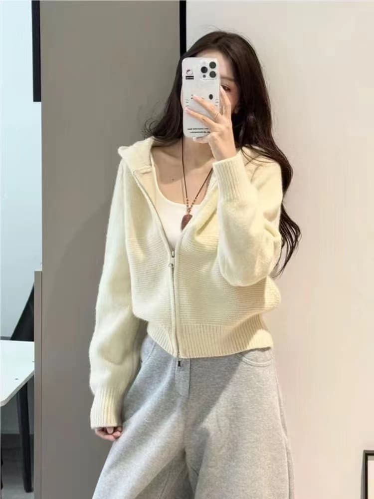 한 부서 느긋한 바람 물결무늬 곡물 더블 지퍼 후드 스웨터 코트 여성 의류 가을 겨울철 새로운 캐주얼 다용도 맨위 이미지 4