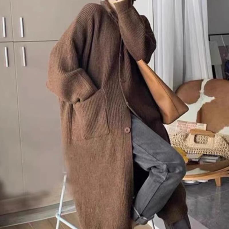 한 부서 느긋한 바람 터틀넥 스웨터 여자 싱글 줄 버튼 단색 긴팔 니트 오픈 가디건 중간 길이 여성 코트 봄 가을 이미지 5