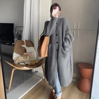 한 부서 느긋한 바람 터틀넥 스웨터 여자 싱글 줄 버튼 단색 긴팔 니트 오픈 가디건 중간 길이 여성 코트 봄 가을 상세 이미지 2