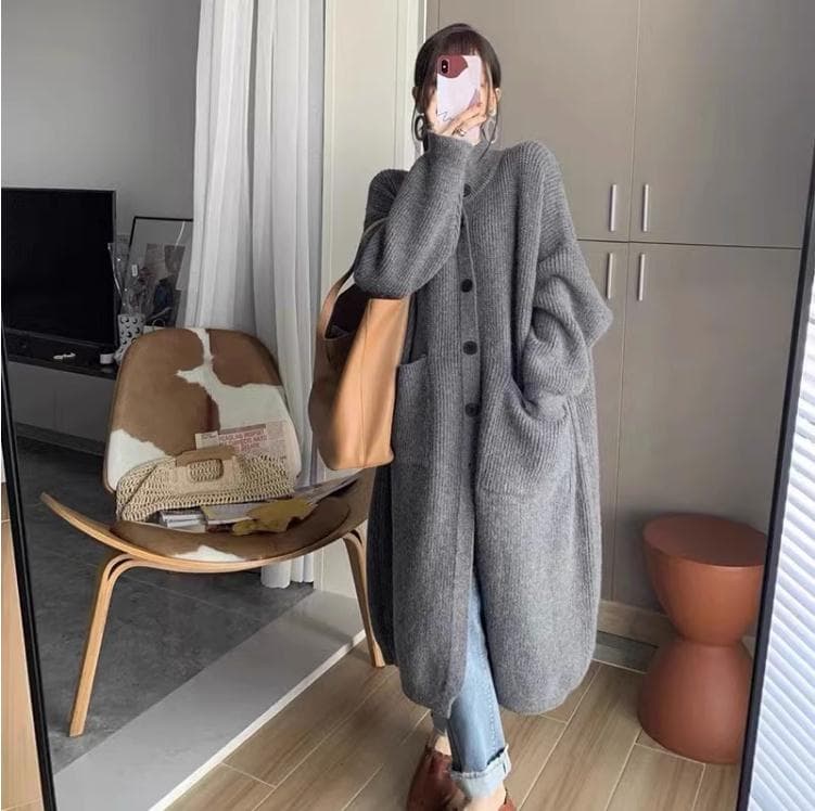 한 부서 느긋한 바람 터틀넥 스웨터 여자 싱글 줄 버튼 단색 긴팔 니트 오픈 가디건 중간 길이 여성 코트 봄 가을 상세 이미지 4
