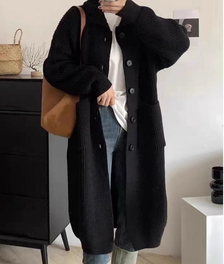 한 부서 느긋한 바람 터틀넥 스웨터 여자 싱글 줄 버튼 단색 긴팔 니트 오픈 가디건 중간 길이 여성 코트 봄 가을 상세 이미지 7