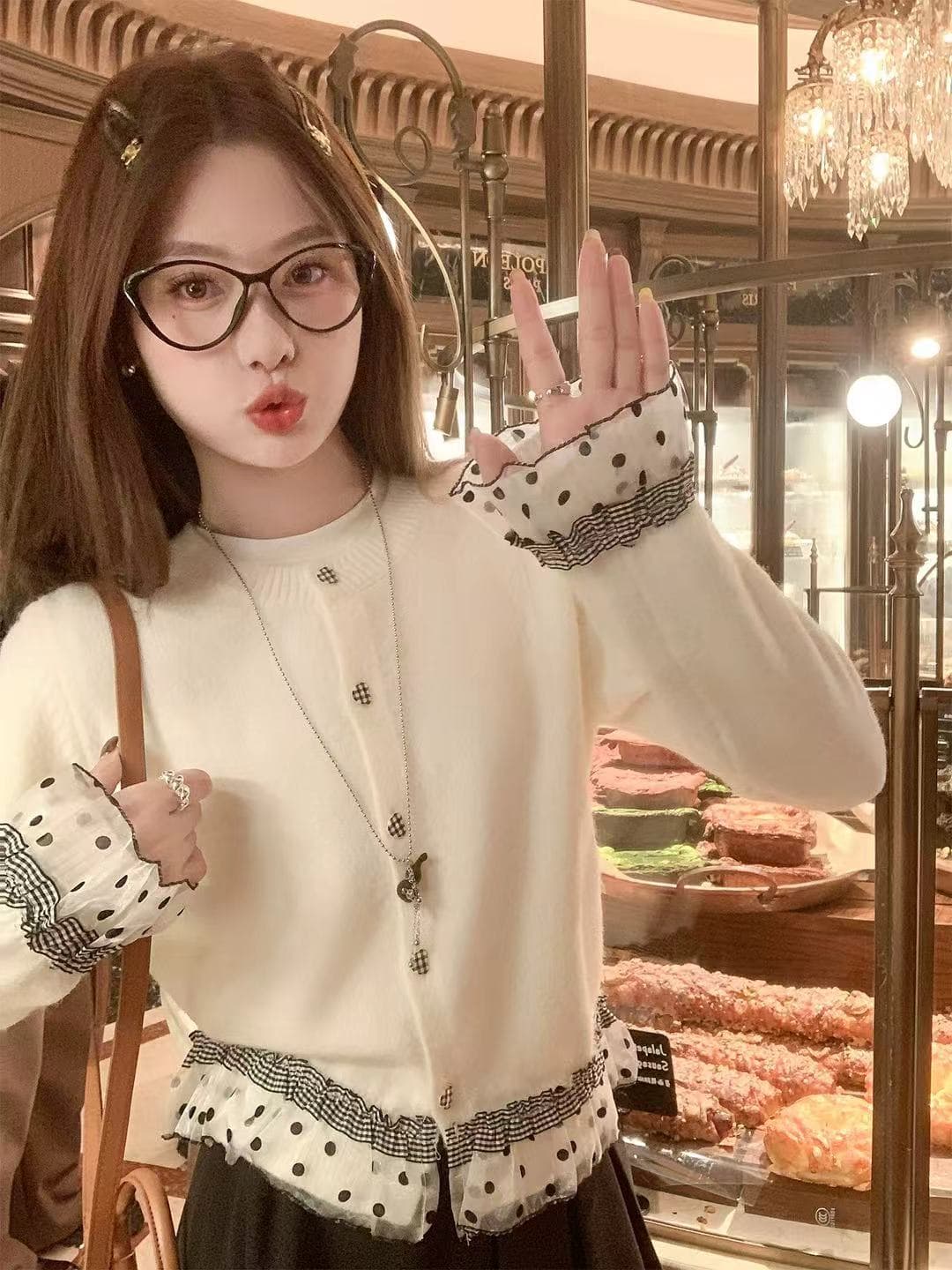 레이스 레이스 디자인 센스 오픈 가디건 스웨터 여성 코트 외부 가져 가라. 작은 대중 니트 맨위 상세 이미지 9