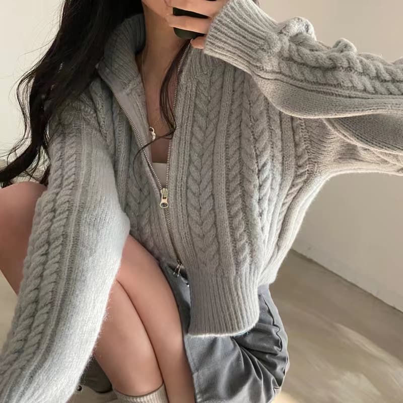 한국 스타일 ins 가을 겨울 새로운 레트로 품격 학생 더블 지퍼 꽈배기 스웨터 코트 여성 뜨개질 오픈 가디건 상세 이미지 12