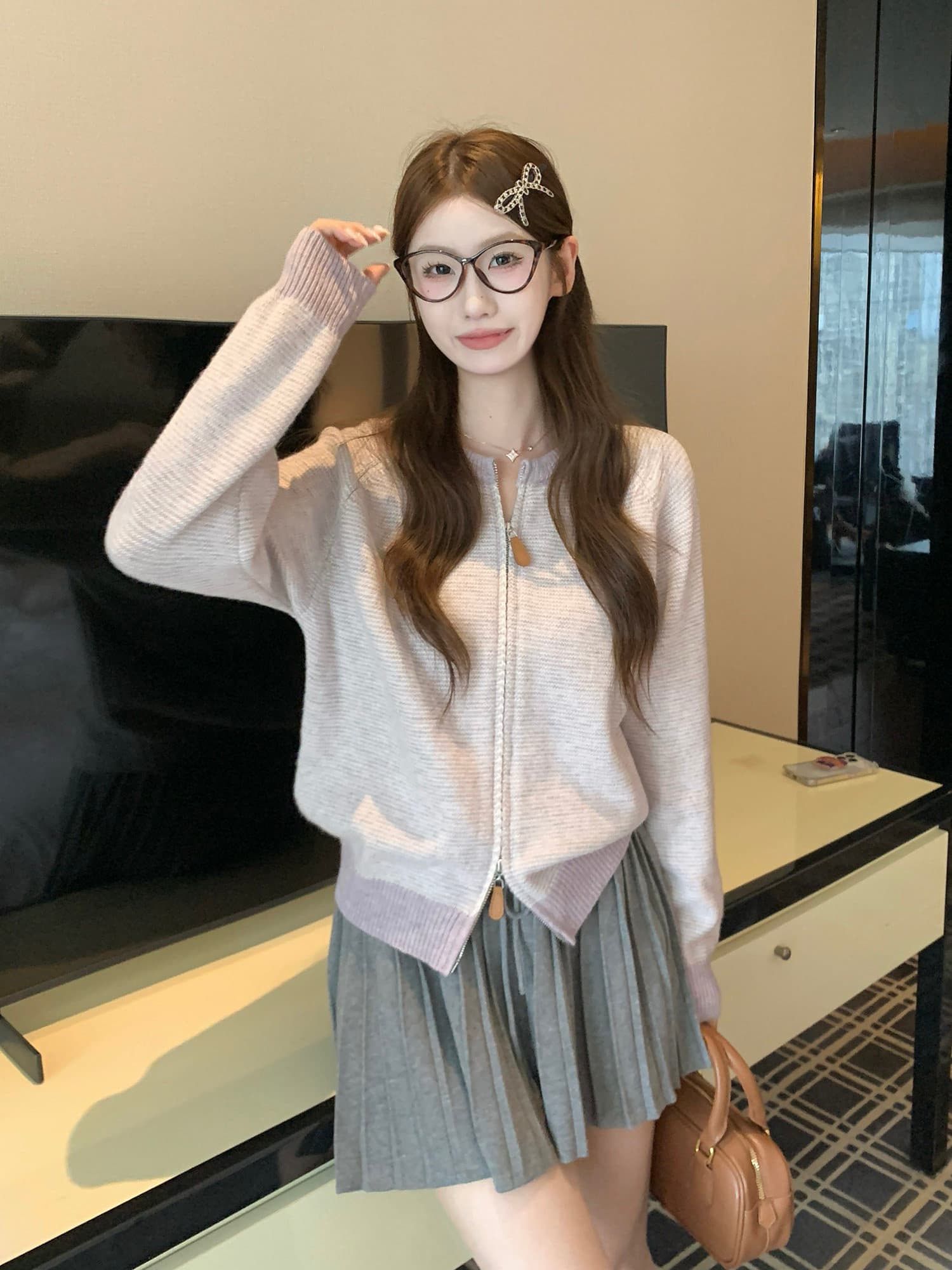 한 부서 배색 파란색 스트라이프 지퍼 스웨터 여성 코트 가을 겨울 느긋한 바람 루즈핏 캐주얼 니트 오픈 가디건 맨위 상세 이미지 36