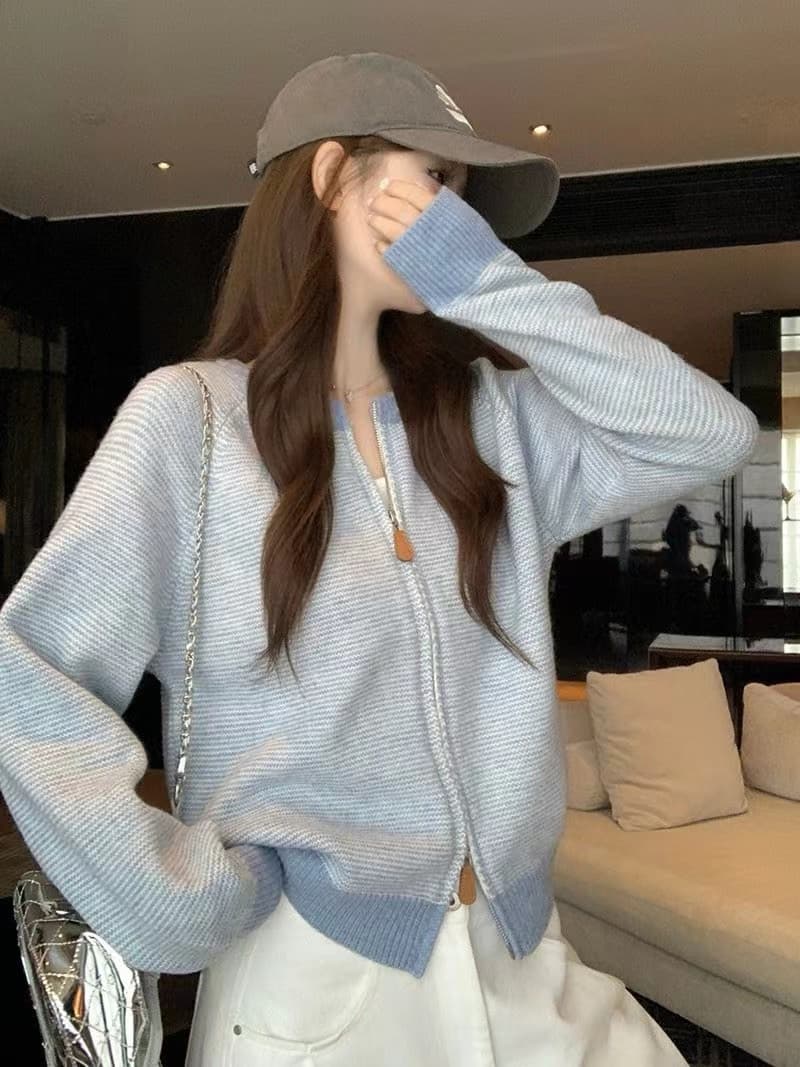 한 부서 배색 파란색 스트라이프 지퍼 스웨터 여성 코트 가을 겨울 느긋한 바람 루즈핏 캐주얼 니트 오픈 가디건 맨위 상세 이미지 37