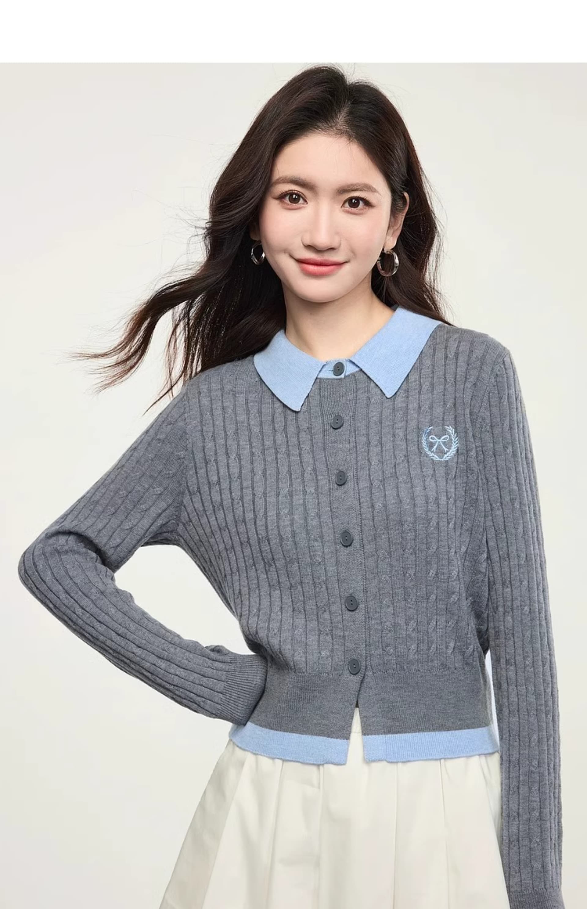 한 부서 학원 스타일 페이크 레이어드 배색 POLO 칼라 긴팔 니트 오픈 가디건 맨위 여성 의류 2026 조기 가을 새로운 상세 이미지 12