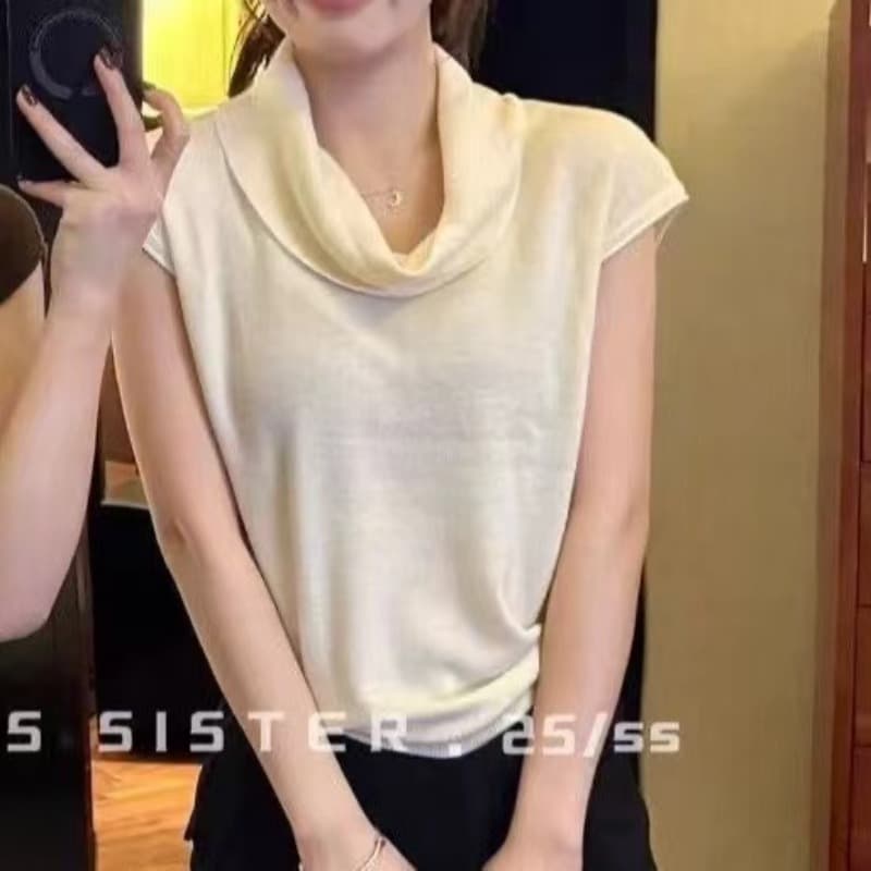 말뚝 더미 칼라 디자인 센스 트렌드 슬림해 보이는 니트 조끼 여성 2026 여름 한 부서 우아함 다용도 민소매 맨위 이미지 5