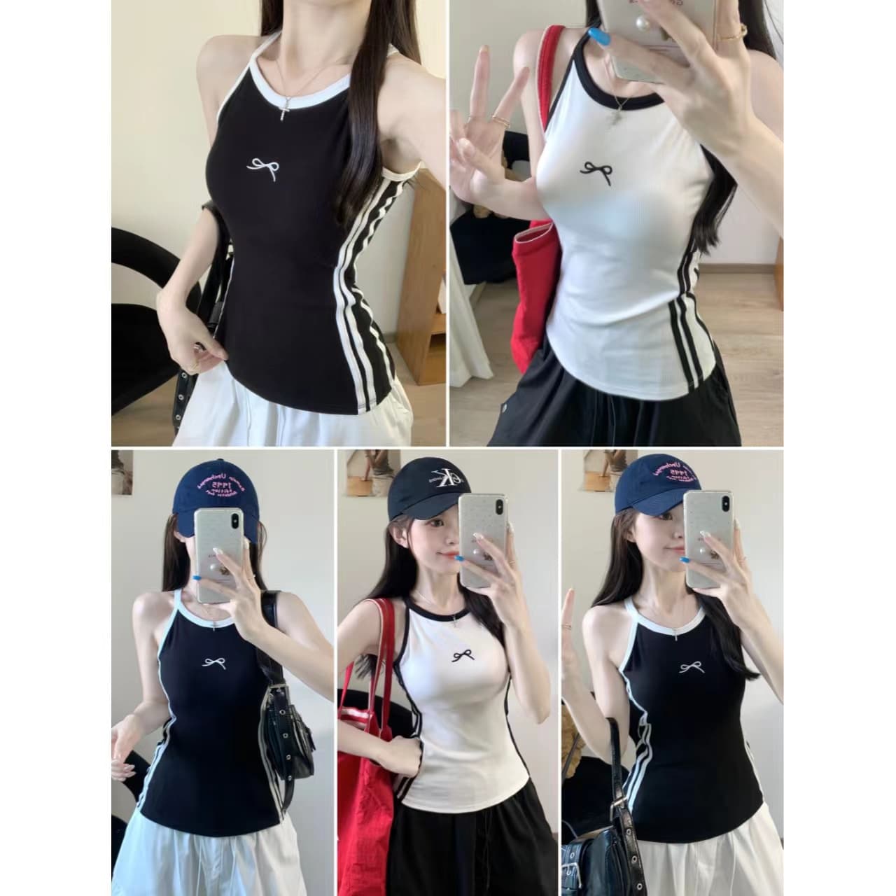 여름 아메리칸 핫걸 외출용 다용도 자수 나비 매듭 민소매 조끼 벨트 가슴 패드 상세 이미지 1