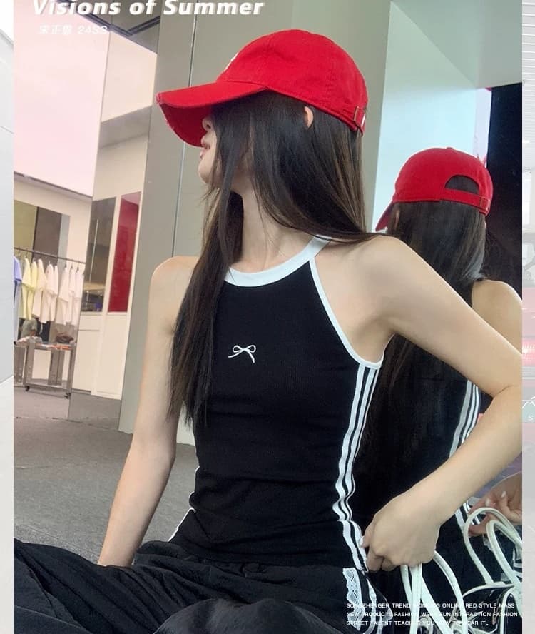 여름 아메리칸 핫걸 외출용 다용도 자수 나비 매듭 민소매 조끼 벨트 가슴 패드 상세 이미지 6