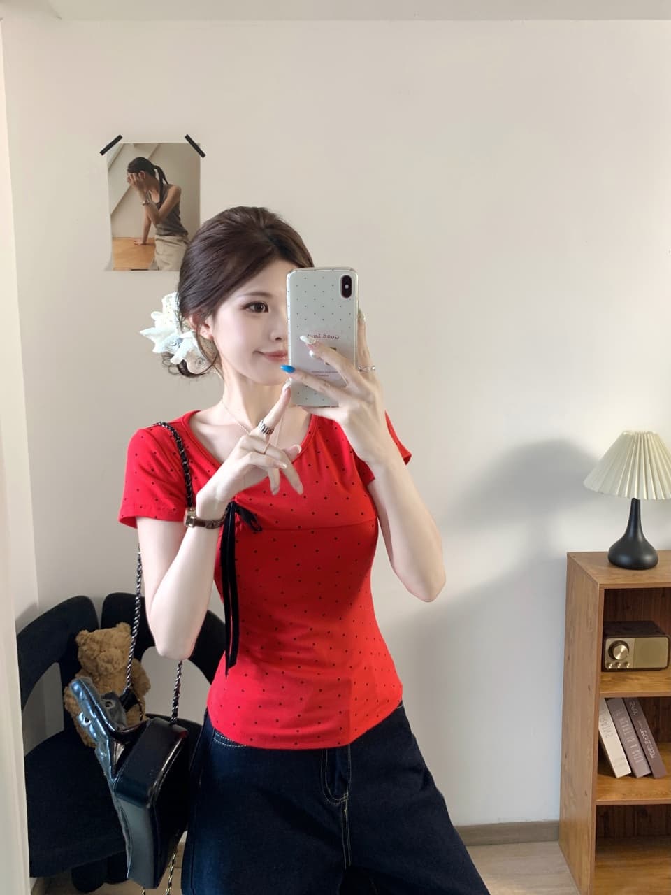 불규칙 나비 매듭 긍정적 인 어깨 허리 수축 몸매 가꾸기 슬림해 보이는 도트 무늬 프린트 반팔 벨트 가슴 패드 상세 이미지 25