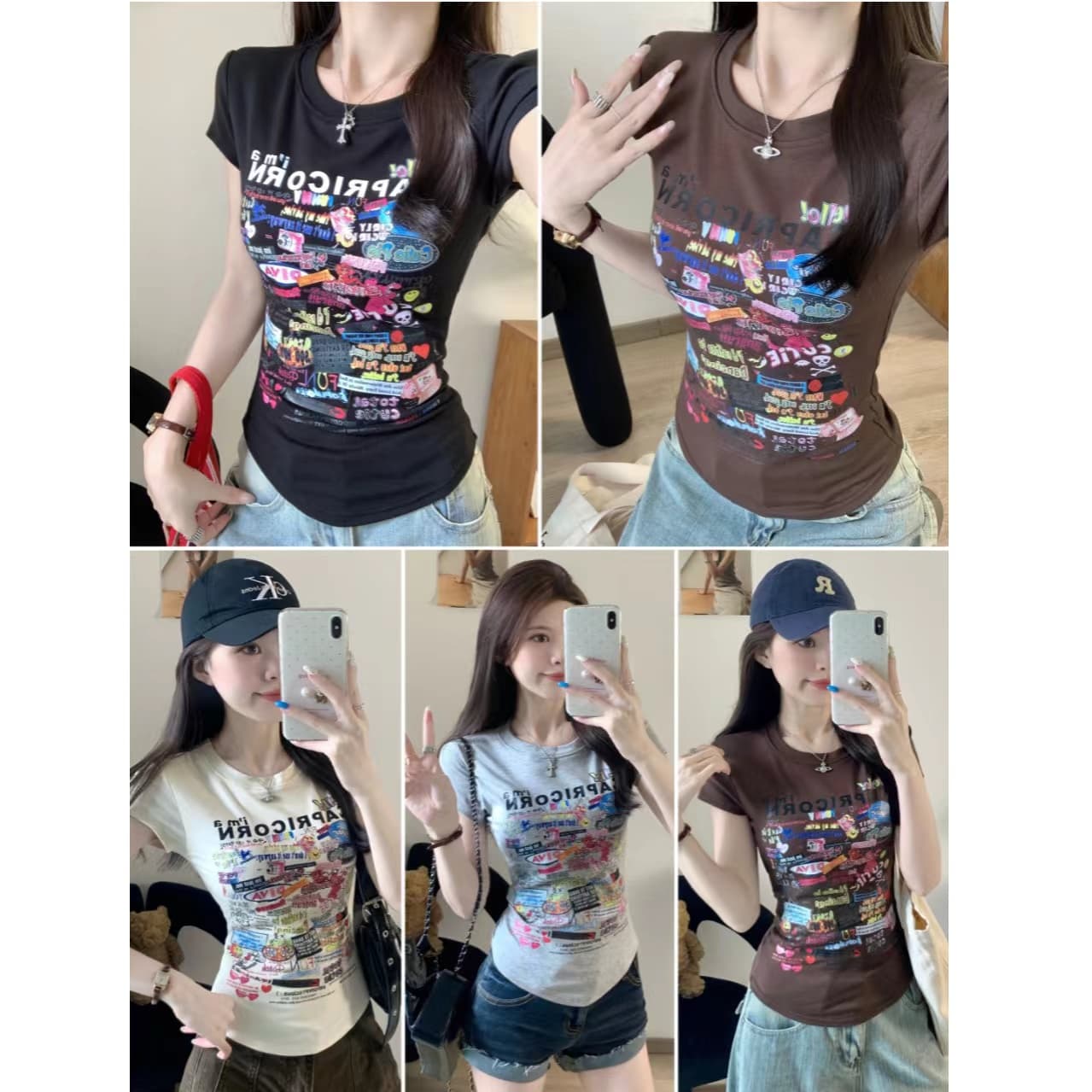 출퇴근 달콤한 차가운 핫걸 불규칙 만화 프린트 반팔 티셔츠 여성 다용도 긍정적 인 어깨 쇼트 스타일 미니멀리즘 맨위