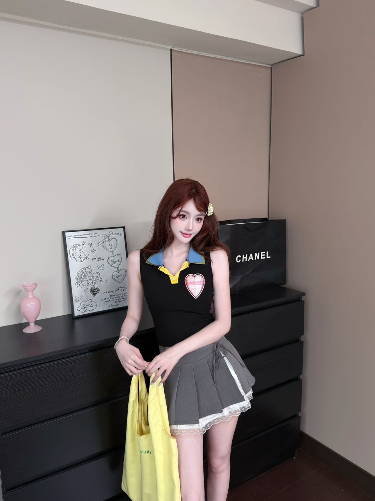 2026 새로운 달콤한 차가운 레트로 배색 패치 하트 자수 고정 가슴 패드 몸매 가꾸기 슬림해 보이는 외출용 쇼트 스타일 맨위 상세 이미지 6