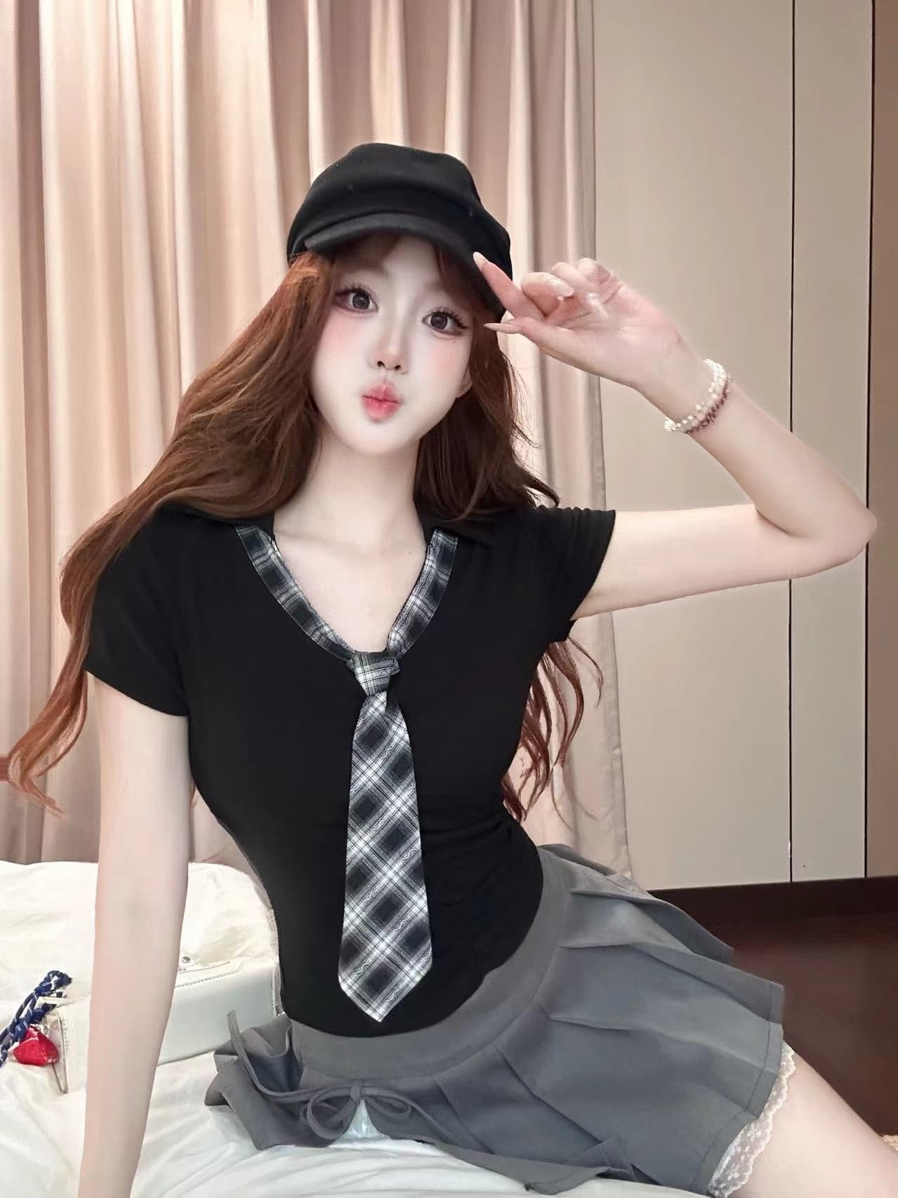사람들 면 여름 새로운 슬림해 보이는 학원 쇼트 스타일 연령 감소 맨위 한 부서 부드러운 리본 품격 반팔 티셔츠 여성 의류