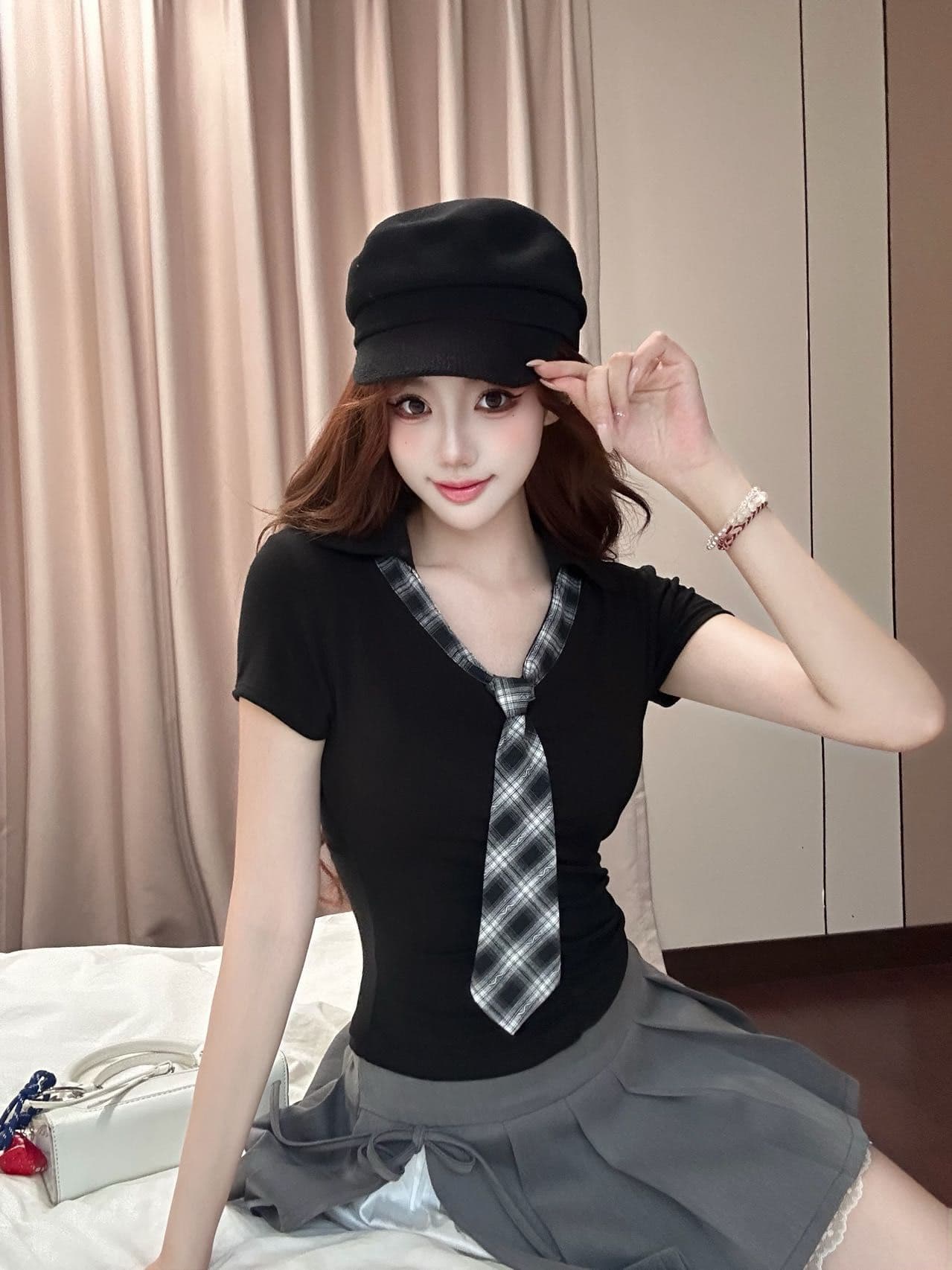 사람들 면 여름 새로운 슬림해 보이는 학원 쇼트 스타일 연령 감소 맨위 한 부서 부드러운 리본 품격 반팔 티셔츠 여성 의류 상세 이미지 17